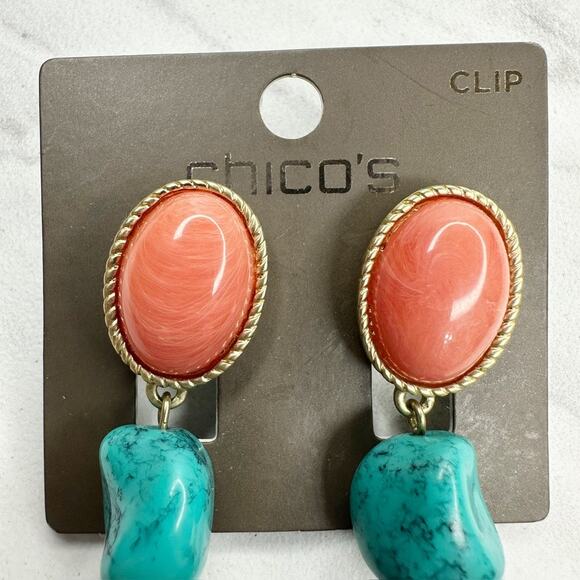 Chico's Tiana Lin Faux Turquoise Coral Clip On Earrings NWT ✨ - Picture 4 of 9